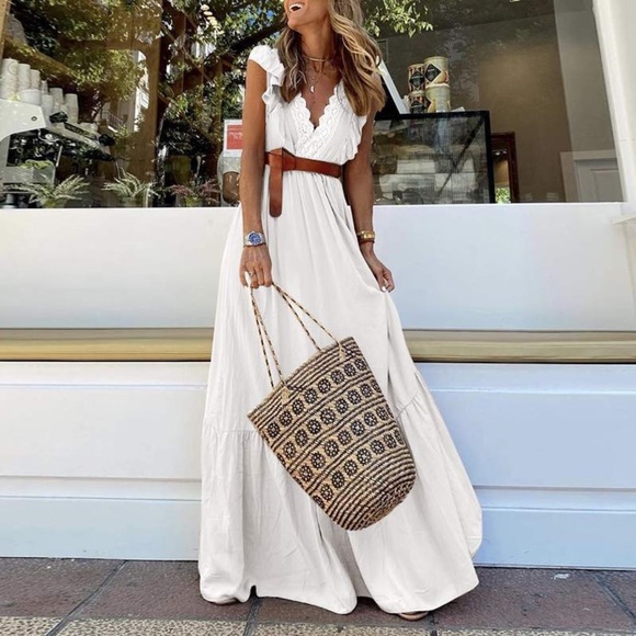 034 Boho V neck Ruffle Sleeve Solid Maxi Dress - Picture 5 of 10